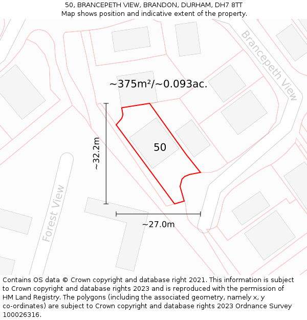 50, BRANCEPETH VIEW, BRANDON, DURHAM, DH7 8TT: Plot and title map