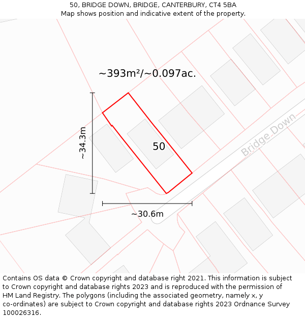 50, BRIDGE DOWN, BRIDGE, CANTERBURY, CT4 5BA: Plot and title map