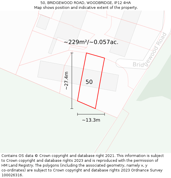 50, BRIDGEWOOD ROAD, WOODBRIDGE, IP12 4HA: Plot and title map