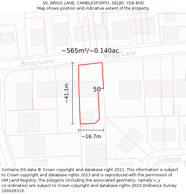 50, BRIGG LANE, CAMBLESFORTH, SELBY, YO8 8HD: Plot and title map