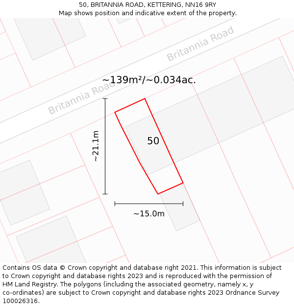 50, BRITANNIA ROAD, KETTERING, NN16 9RY: Plot and title map