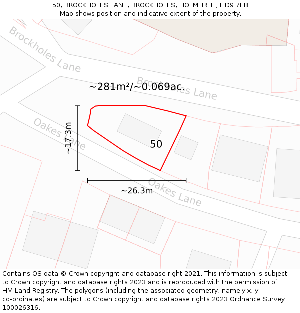 50, BROCKHOLES LANE, BROCKHOLES, HOLMFIRTH, HD9 7EB: Plot and title map
