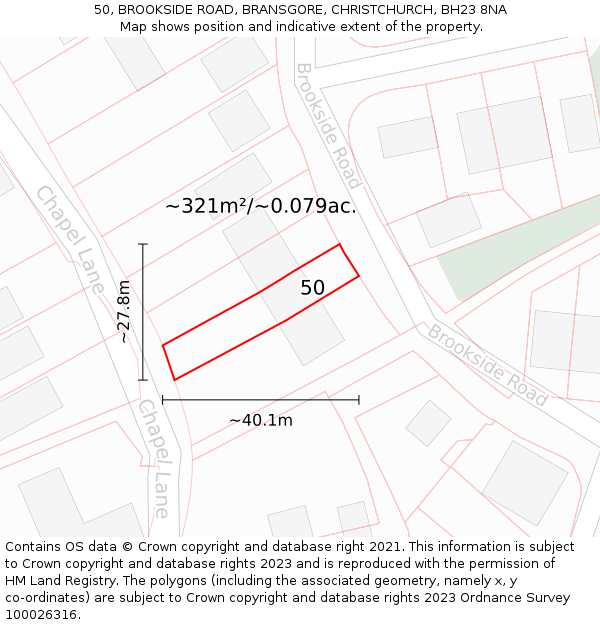 50, BROOKSIDE ROAD, BRANSGORE, CHRISTCHURCH, BH23 8NA: Plot and title map