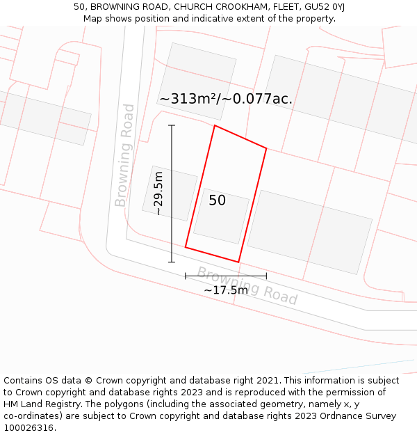 50, BROWNING ROAD, CHURCH CROOKHAM, FLEET, GU52 0YJ: Plot and title map