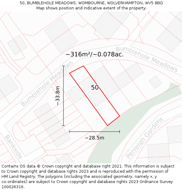 50, BUMBLEHOLE MEADOWS, WOMBOURNE, WOLVERHAMPTON, WV5 8BG: Plot and title map