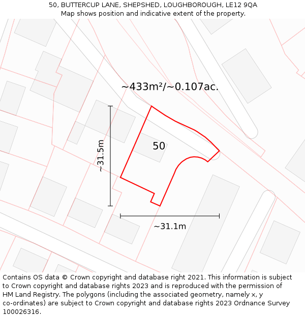 50, BUTTERCUP LANE, SHEPSHED, LOUGHBOROUGH, LE12 9QA: Plot and title map