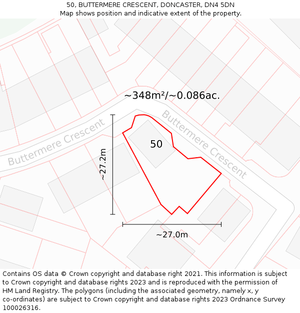50, BUTTERMERE CRESCENT, DONCASTER, DN4 5DN: Plot and title map