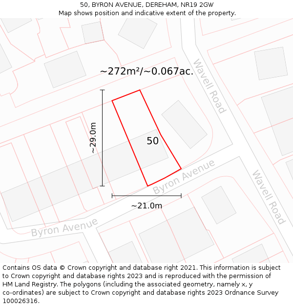 50, BYRON AVENUE, DEREHAM, NR19 2GW: Plot and title map