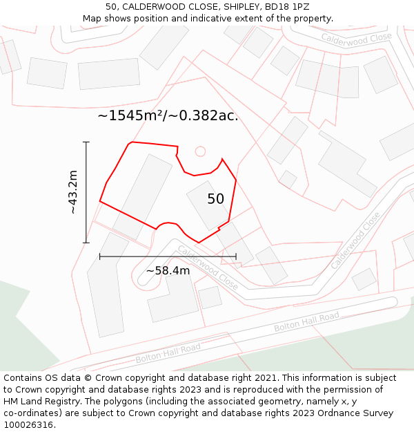 50, CALDERWOOD CLOSE, SHIPLEY, BD18 1PZ: Plot and title map