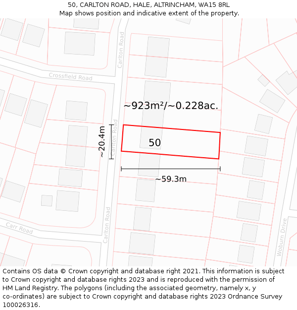 50, CARLTON ROAD, HALE, ALTRINCHAM, WA15 8RL: Plot and title map