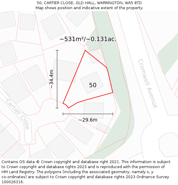 50, CARTIER CLOSE, OLD HALL, WARRINGTON, WA5 8TD: Plot and title map