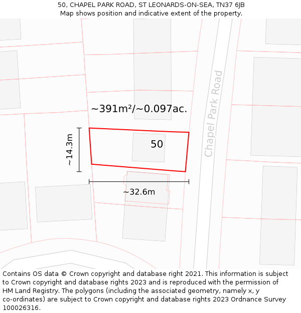 50, CHAPEL PARK ROAD, ST LEONARDS-ON-SEA, TN37 6JB: Plot and title map