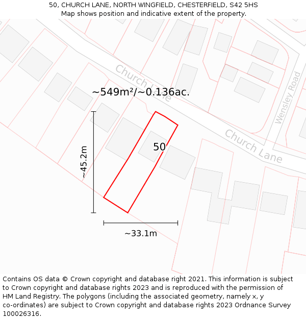 50, CHURCH LANE, NORTH WINGFIELD, CHESTERFIELD, S42 5HS: Plot and title map