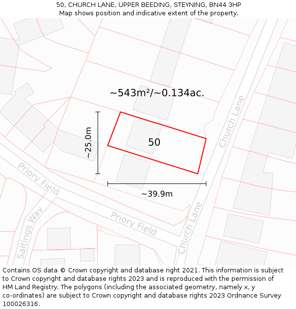 50, CHURCH LANE, UPPER BEEDING, STEYNING, BN44 3HP: Plot and title map