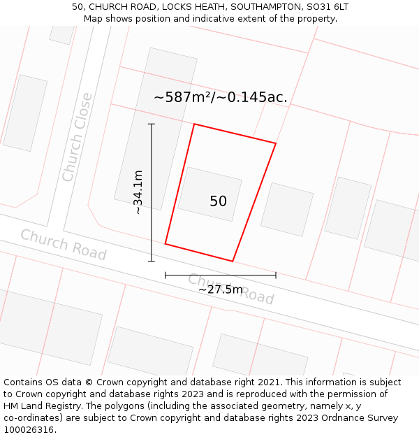 50, CHURCH ROAD, LOCKS HEATH, SOUTHAMPTON, SO31 6LT: Plot and title map