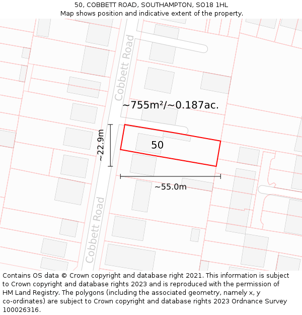 50, COBBETT ROAD, SOUTHAMPTON, SO18 1HL: Plot and title map
