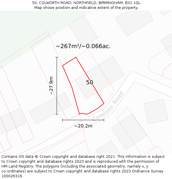 50, COLWORTH ROAD, NORTHFIELD, BIRMINGHAM, B31 1QL: Plot and title map