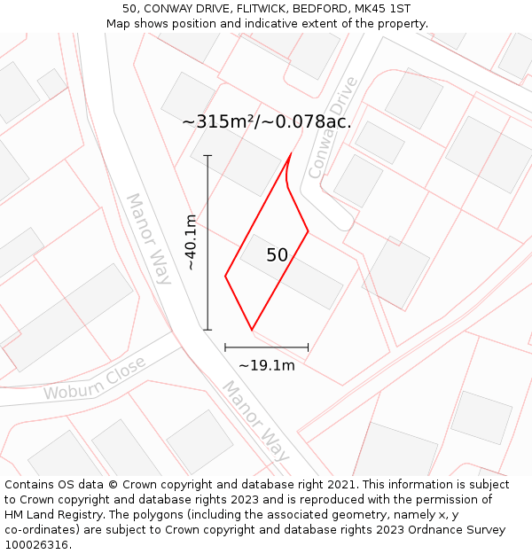 50, CONWAY DRIVE, FLITWICK, BEDFORD, MK45 1ST: Plot and title map