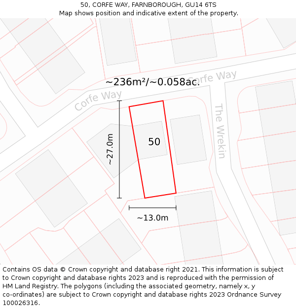 50, CORFE WAY, FARNBOROUGH, GU14 6TS: Plot and title map