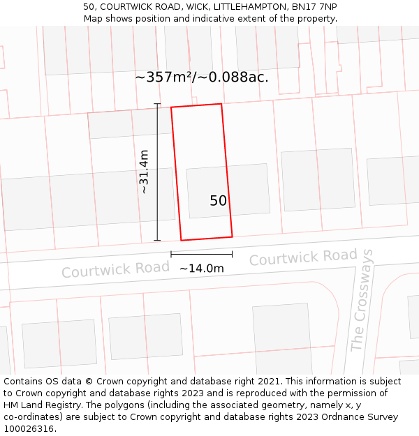 50, COURTWICK ROAD, WICK, LITTLEHAMPTON, BN17 7NP: Plot and title map