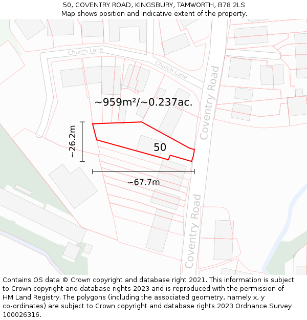 50, COVENTRY ROAD, KINGSBURY, TAMWORTH, B78 2LS: Plot and title map