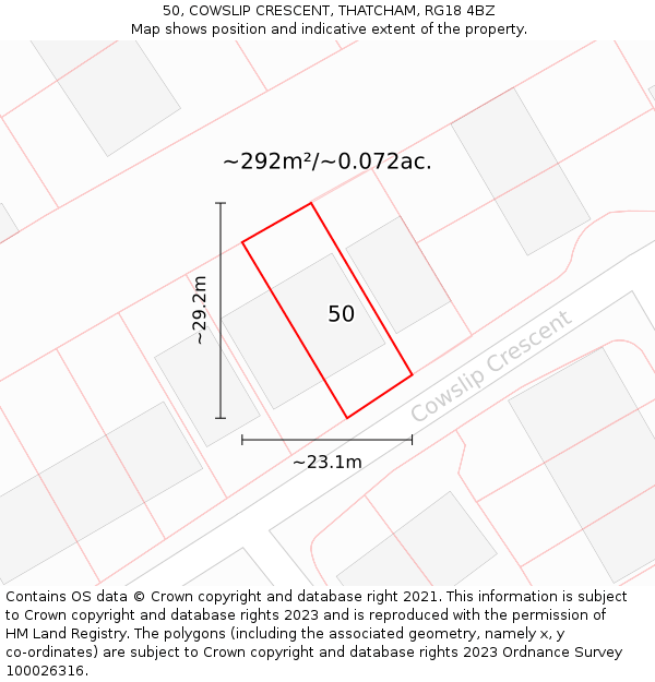 50, COWSLIP CRESCENT, THATCHAM, RG18 4BZ: Plot and title map
