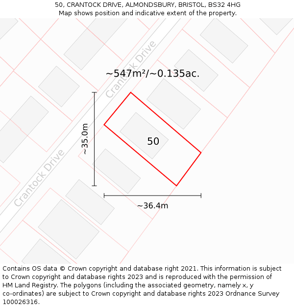50, CRANTOCK DRIVE, ALMONDSBURY, BRISTOL, BS32 4HG: Plot and title map