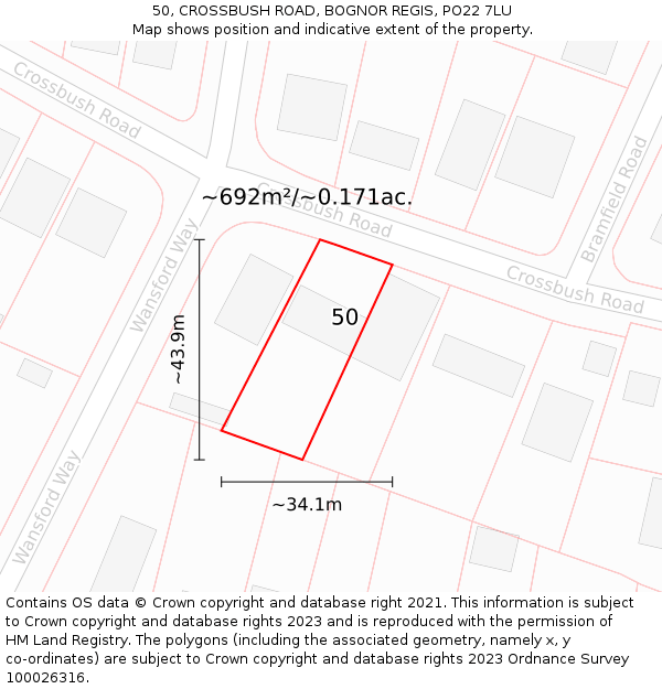 50, CROSSBUSH ROAD, BOGNOR REGIS, PO22 7LU: Plot and title map
