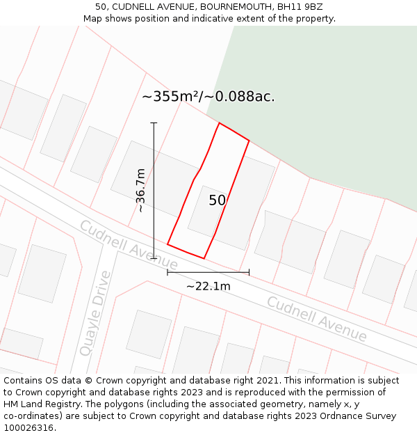 50, CUDNELL AVENUE, BOURNEMOUTH, BH11 9BZ: Plot and title map