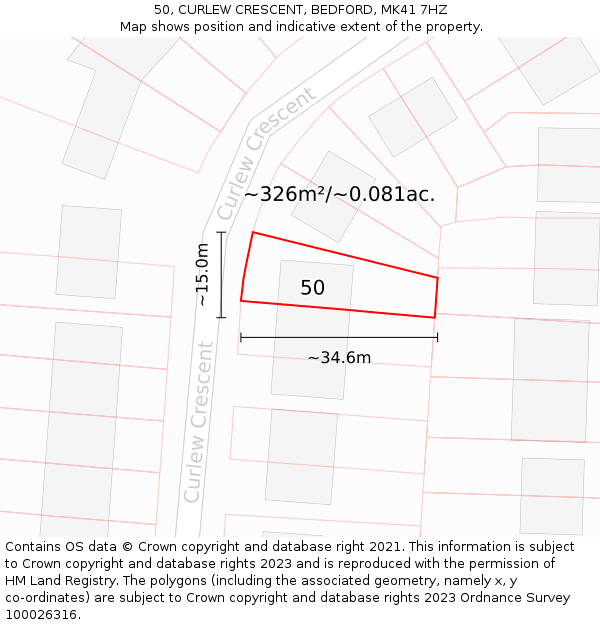 50, CURLEW CRESCENT, BEDFORD, MK41 7HZ: Plot and title map