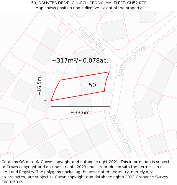 50, DANVERS DRIVE, CHURCH CROOKHAM, FLEET, GU52 0ZF: Plot and title map