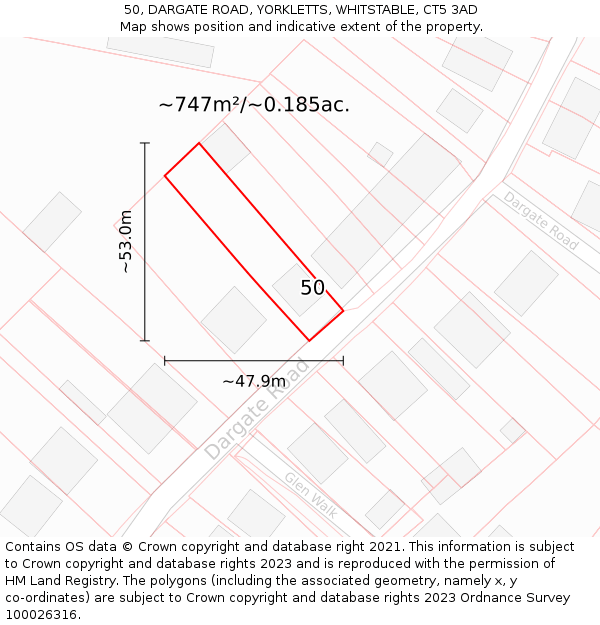 50, DARGATE ROAD, YORKLETTS, WHITSTABLE, CT5 3AD: Plot and title map