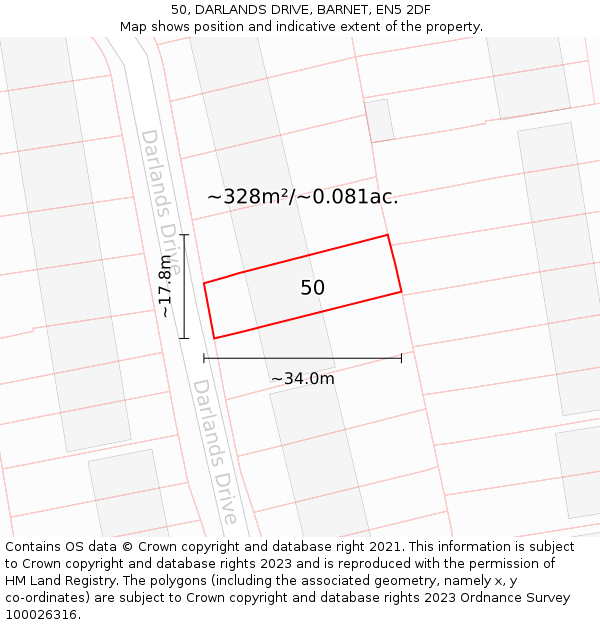 50, DARLANDS DRIVE, BARNET, EN5 2DF: Plot and title map