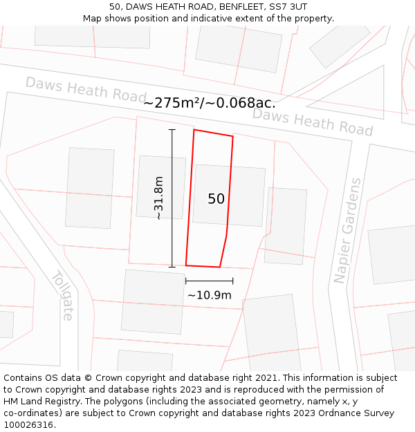 50, DAWS HEATH ROAD, BENFLEET, SS7 3UT: Plot and title map