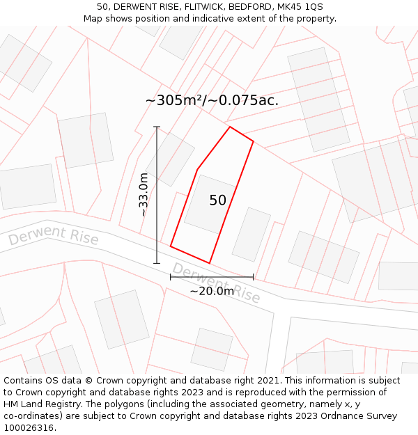 50, DERWENT RISE, FLITWICK, BEDFORD, MK45 1QS: Plot and title map