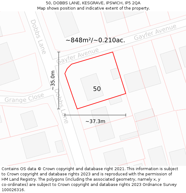 50, DOBBS LANE, KESGRAVE, IPSWICH, IP5 2QA: Plot and title map