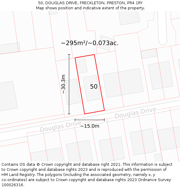 50, DOUGLAS DRIVE, FRECKLETON, PRESTON, PR4 1RY: Plot and title map