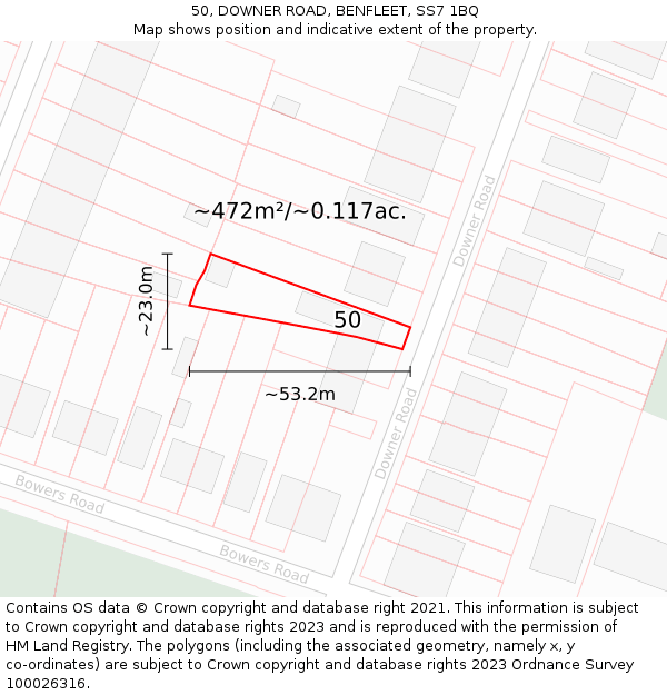 50, DOWNER ROAD, BENFLEET, SS7 1BQ: Plot and title map