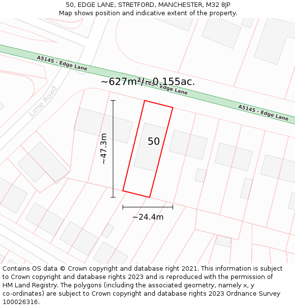50, EDGE LANE, STRETFORD, MANCHESTER, M32 8JP: Plot and title map