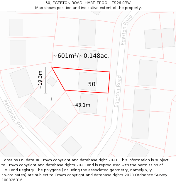 50, EGERTON ROAD, HARTLEPOOL, TS26 0BW: Plot and title map