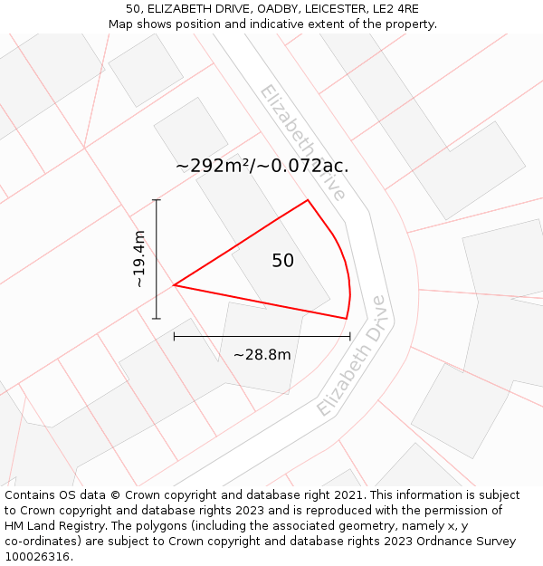 50, ELIZABETH DRIVE, OADBY, LEICESTER, LE2 4RE: Plot and title map