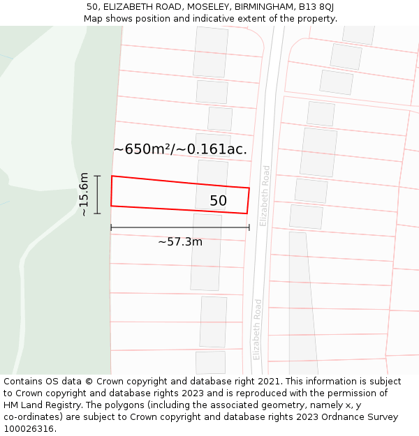 50, ELIZABETH ROAD, MOSELEY, BIRMINGHAM, B13 8QJ: Plot and title map