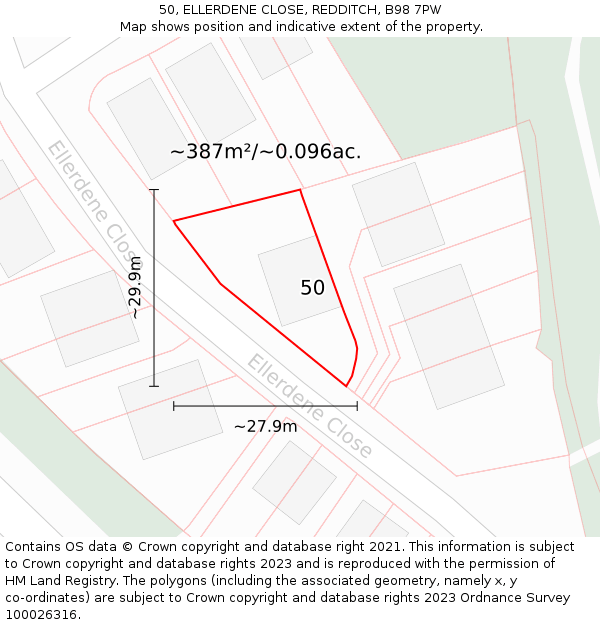 50, ELLERDENE CLOSE, REDDITCH, B98 7PW: Plot and title map