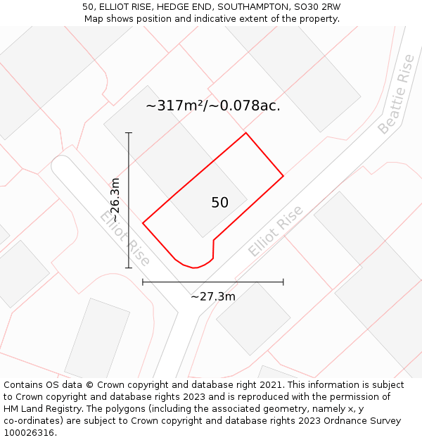 50, ELLIOT RISE, HEDGE END, SOUTHAMPTON, SO30 2RW: Plot and title map