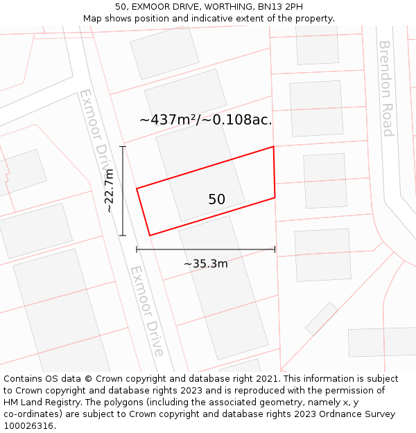 50, EXMOOR DRIVE, WORTHING, BN13 2PH: Plot and title map