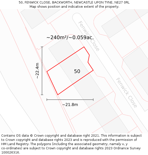 50, FENWICK CLOSE, BACKWORTH, NEWCASTLE UPON TYNE, NE27 0RL: Plot and title map