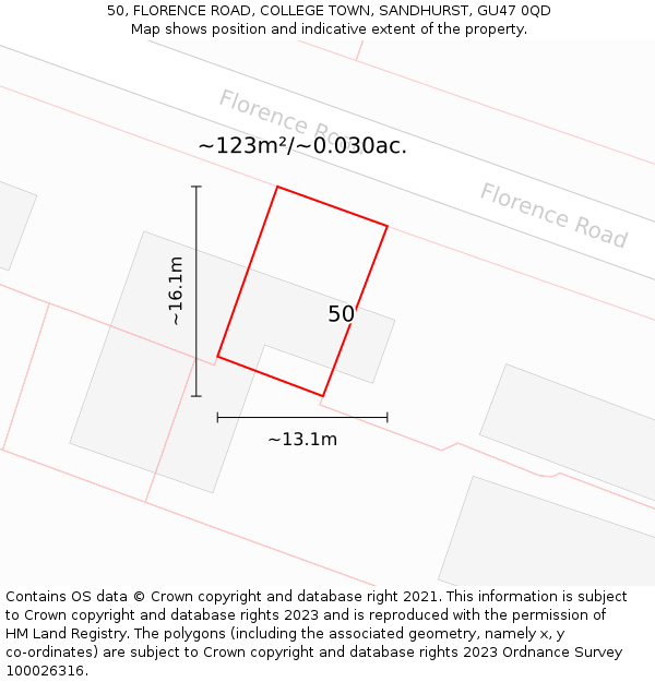 50, FLORENCE ROAD, COLLEGE TOWN, SANDHURST, GU47 0QD: Plot and title map