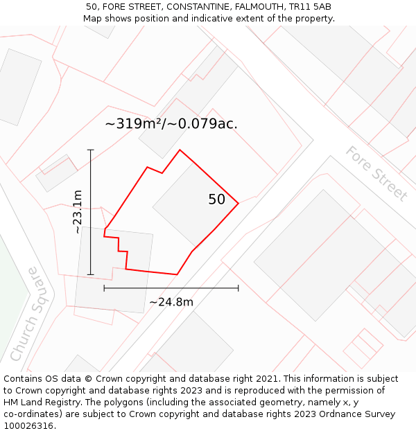 50, FORE STREET, CONSTANTINE, FALMOUTH, TR11 5AB: Plot and title map
