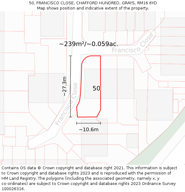 50, FRANCISCO CLOSE, CHAFFORD HUNDRED, GRAYS, RM16 6YD: Plot and title map