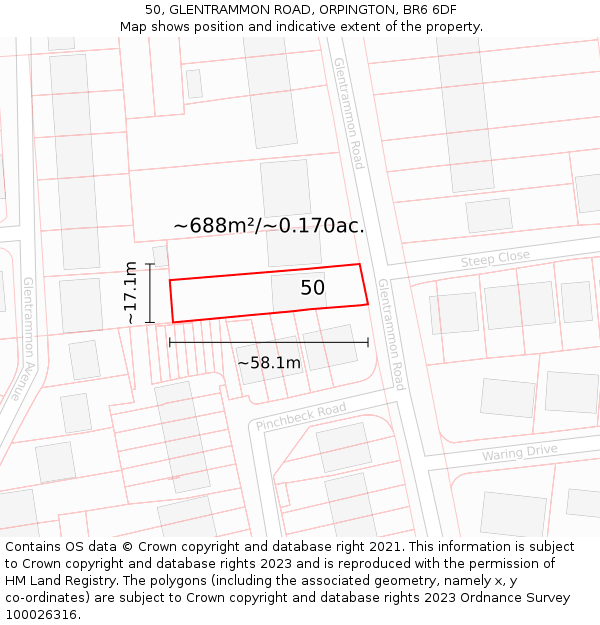 50, GLENTRAMMON ROAD, ORPINGTON, BR6 6DF: Plot and title map